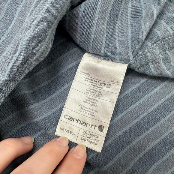 Carhartt Blue Striped Men 2XL Loose Short Sleeve Button Down Chambray Work Shirt - Picture 5 of 10